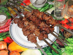 Shishkabob on a plate.